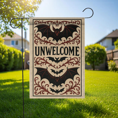 Gothic Halloween Garden Flag: Unwelcome Bat Decor, Spooky Outdoor Banner