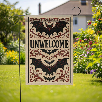 Gothic Halloween Garden Flag: Unwelcome Bat Decor, Spooky Outdoor Banner