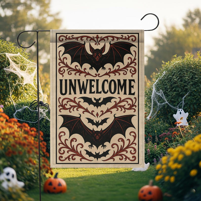 Gothic Halloween Garden Flag: Unwelcome Bat Decor, Spooky Outdoor Banner