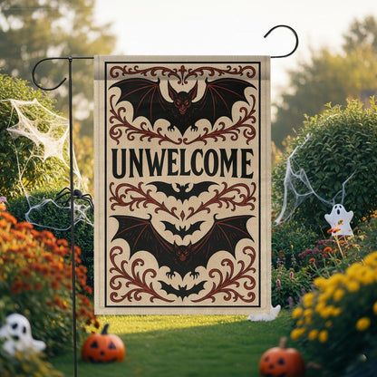 Gothic Halloween Garden Flag: Unwelcome Bat Decor, Spooky Outdoor Banner