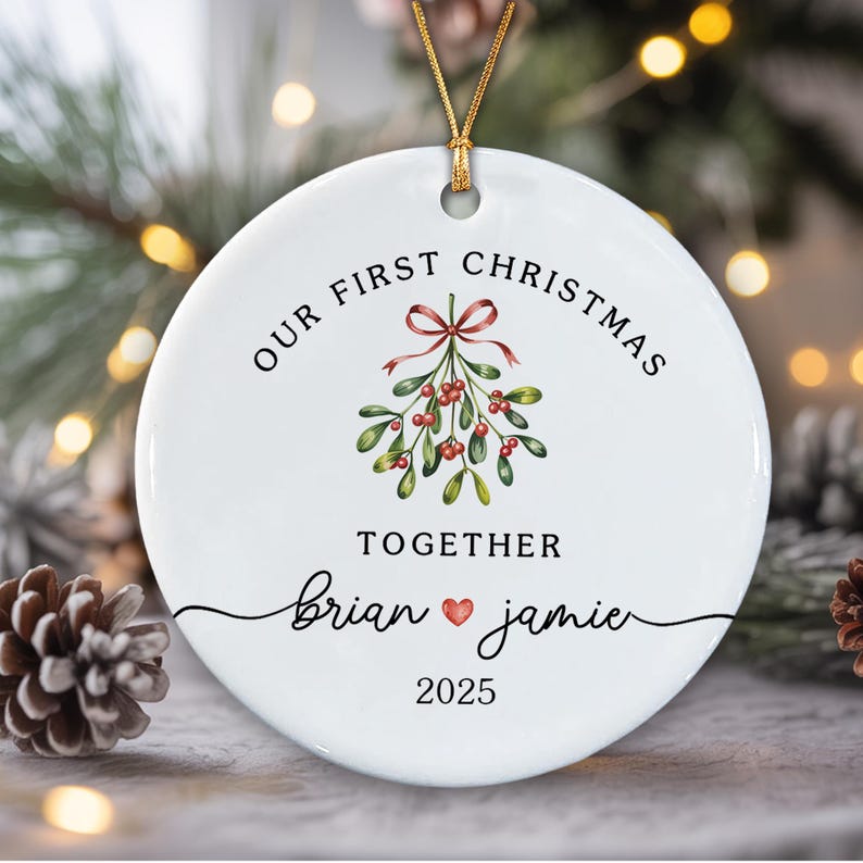 Personalized Couple Ornament, Our First Christmas Together, Mistletoe Ceramic Ornaments