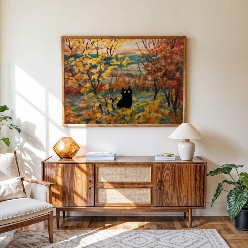 Black Cat Autumn Landscape Art Print, Fall Foliage Forest Painting, Cozy Cottagecore Wall Decor, Fine Art Print Gift For Cat Lover PS0779