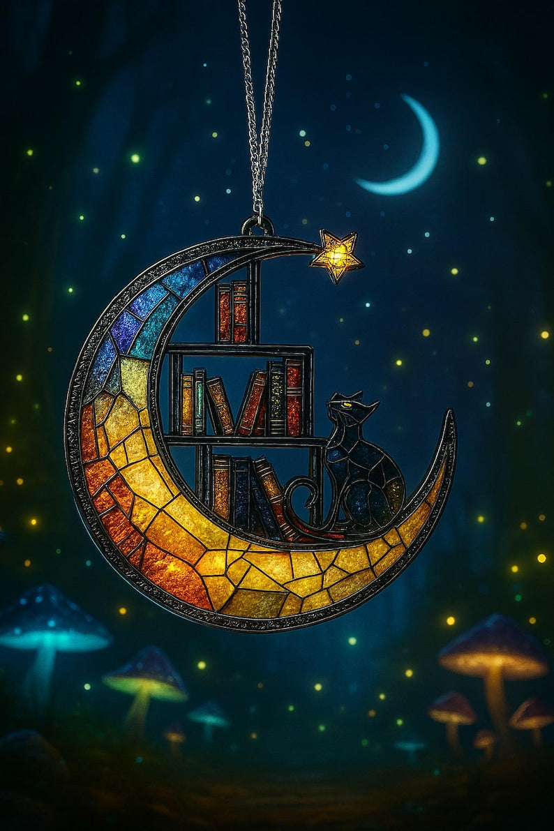 Moon Cat Library Suncatcher, Book Lover Window Decor