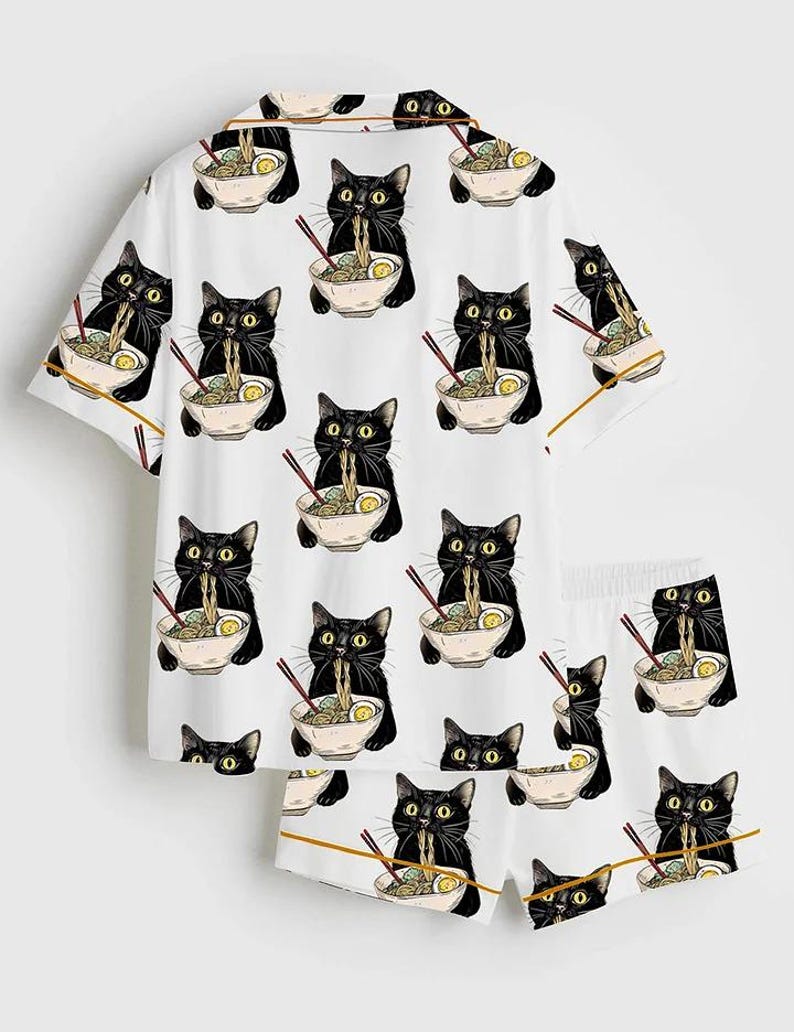 Women's Noodle Cat Short Sleeve Satin Pajama Set, Sleepwear, Cute Funny Noodle Cat Print PJs, Kawaii Summer Lounge Set for Her