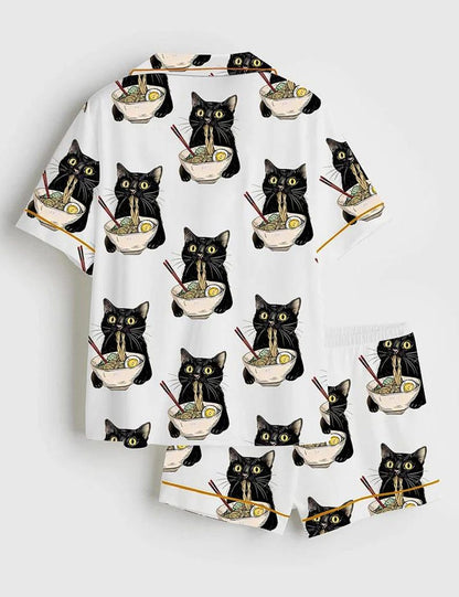 Women's Noodle Cat Short Sleeve Satin Pajama Set, Sleepwear, Cute Funny Noodle Cat Print PJs, Kawaii Summer Lounge Set for Her