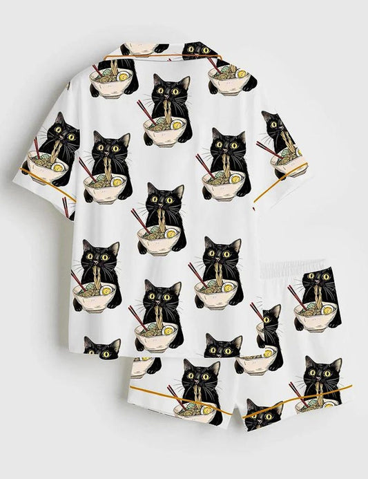 Women's Noodle Cat Short Sleeve Satin Pajama Set, Sleepwear, Cute Funny Noodle Cat Print PJs, Kawaii Summer Lounge Set for Her