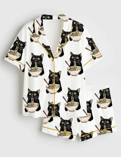 Women's Noodle Cat Short Sleeve Satin Pajama Set, Sleepwear, Cute Funny Noodle Cat Print PJs, Kawaii Summer Lounge Set for Her