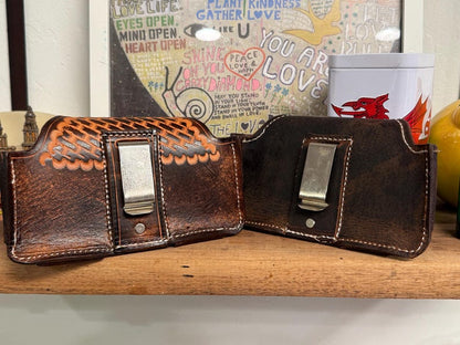 Leather Horizontal Phone Holster for Belt,  Handmade Full Grain Case, Made in USA