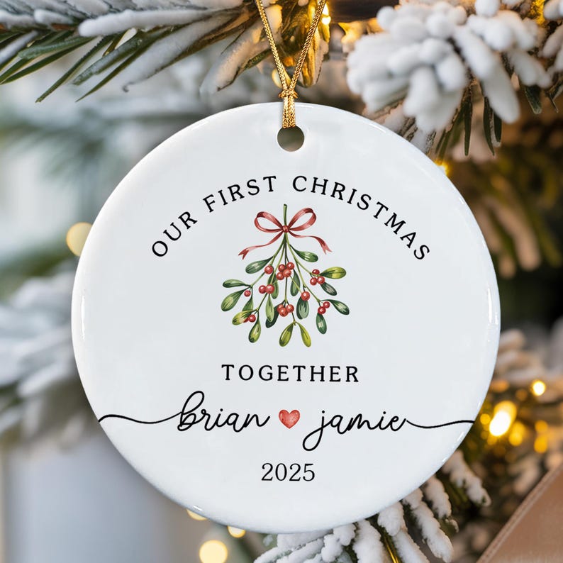 Personalized Couple Ornament, Our First Christmas Together, Mistletoe Ceramic Ornaments