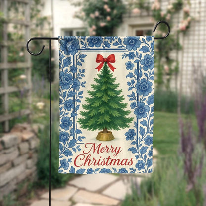 Chinoiserie Christmas Garden Flag, Blue Floral Holiday Yard Banner, Elegant Merry Christmas Outdoor Decor, Winter Porch Flag