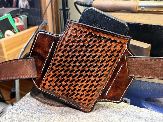 Leather Slant Phone Holster for Belt, Handmade Case, Brown Buffalo or Tooled Basket Weave, Full Grain Leather, Made in USA
