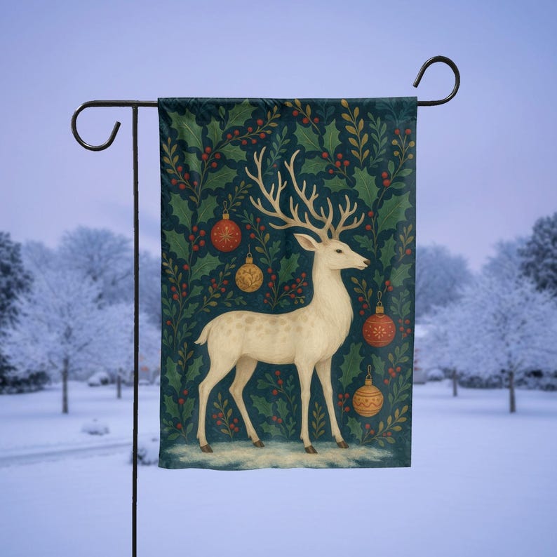 Christmas Garden Flag with White Deer and Ornaments, Winter Holiday Yard Decoration, Elegant Festive Outdoor House Flag, Snowy Porch Decor
