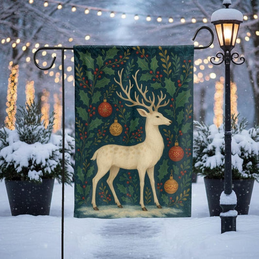 Christmas Garden Flag with White Deer and Ornaments, Winter Holiday Yard Decoration, Elegant Festive Outdoor House Flag, Snowy Porch Decor