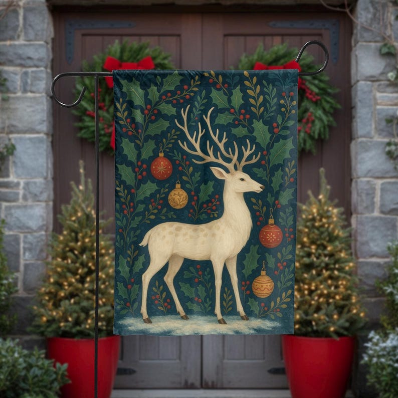 Christmas Garden Flag with White Deer and Ornaments, Winter Holiday Yard Decoration, Elegant Festive Outdoor House Flag, Snowy Porch Decor