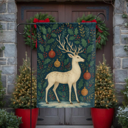Christmas Garden Flag with White Deer and Ornaments, Winter Holiday Yard Decoration, Elegant Festive Outdoor House Flag, Snowy Porch Decor