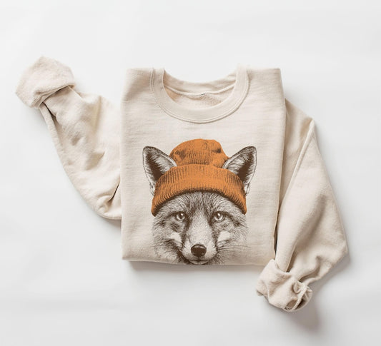 Cute Fox With Beanie Sweatshirt - Retro 90's Wildlife Camping Outfit - Winter Outdoor Adventure - Nature Animals Unisex Graphic Sweatshirt