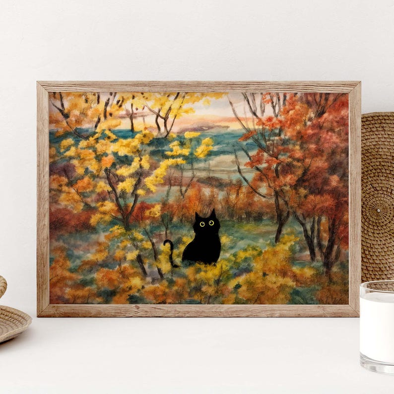 Black Cat Autumn Landscape Art Print, Fall Foliage Forest Painting, Cozy Cottagecore Wall Decor, Fine Art Print Gift For Cat Lover PS0779