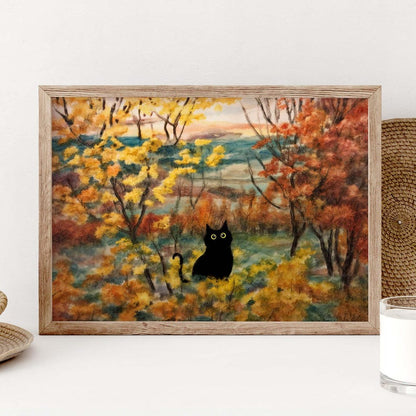 Black Cat Autumn Landscape Art Print, Fall Foliage Forest Painting, Cozy Cottagecore Wall Decor, Fine Art Print Gift For Cat Lover PS0779