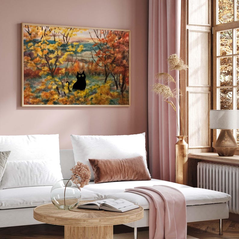 Black Cat Autumn Landscape Art Print, Fall Foliage Forest Painting, Cozy Cottagecore Wall Decor, Fine Art Print Gift For Cat Lover PS0779