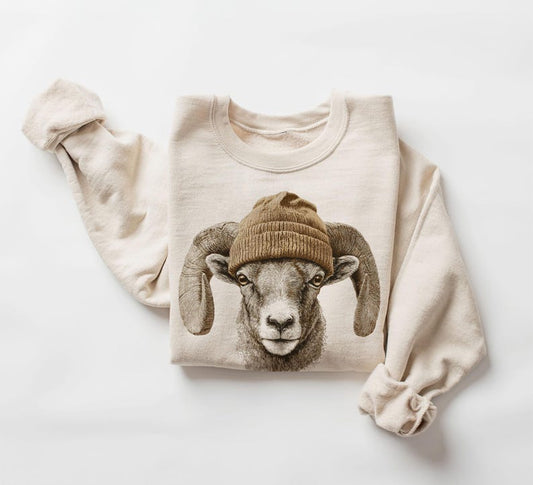 Bighorn Sheep Ram Wearing Beanie Sweatshirt – Mountain Wildlife Crewneck, Camping & Hiking Gift, Retro 90s Unisex Outdoor Pullover
