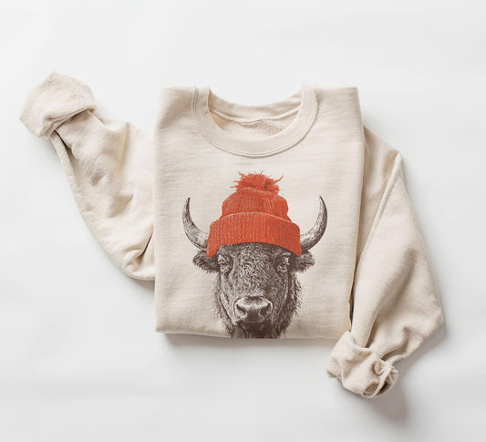 Bull Bison Wearing Beanie Sweatshirt – Mountain Wildlife Crewneck, Camping & Hiking Gift, Retro 90s Unisex Buffalo Outdoors Pullover