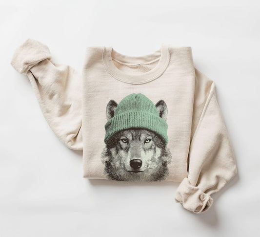 Wolf Wearing Beanie Sweatshirt – Mountain Wildlife Crewneck, Camping & Hiking Gift, Retro 90s Unisex Cute Wolves Outdoors Pullover