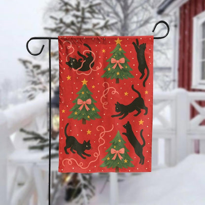 Christmas Cat Garden Flag, Black Cats Holiday Yard Decor, Funny Xmas Outdoor Decoration with Trees and Stars, Double Sided Winter Flag