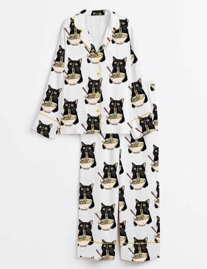 Women's Noodle Cat Short Sleeve Satin Pajama Set, Sleepwear, Cute Funny Noodle Cat Print PJs, Kawaii Summer Lounge Set for Her