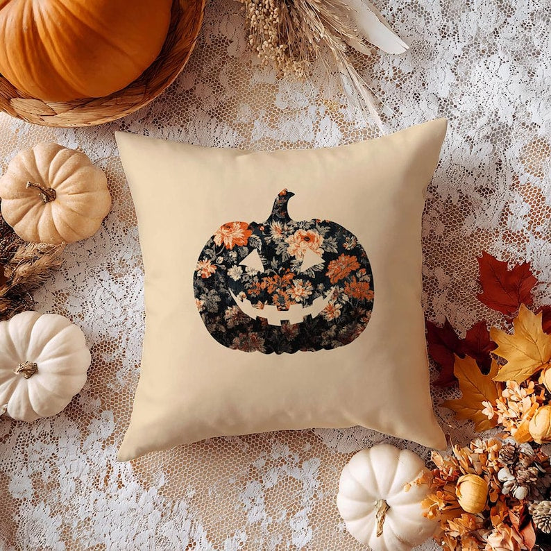 Jack-O'-Lantern Pumpkin Pillow Cover, Rustic Floral Fall Living Room, Decorative Cushion, Autumn Aesthetic Throw Case, Pillowcase Decor Gift