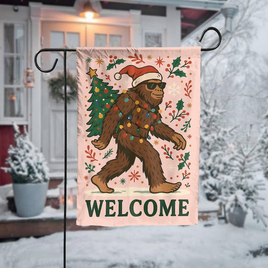 Bigfoot Christmas Garden Flag, Funny Sasquatch Holiday Yard Decoration, Outdoor Welcome Xmas Flag, Winter Porch Decor