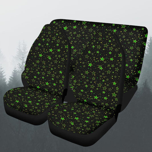 Green Stars Car Seat Cover Full Set, Star Anime Front And Back Seat Covers For Vehicle, Steering Wheel Cover, Car Decor Gift