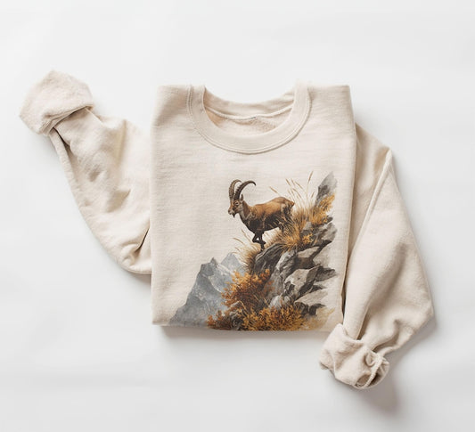 Vintage Mountain Alpine Ibex Wildlife Sweatshirt - Retro Nature Hiking Crewneck - Outdoors Adventure Animal Graphic Pullover for Men & Women