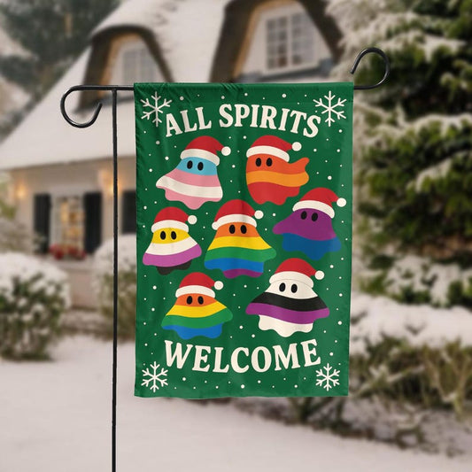 All Spirits Welcome Christmas Garden Flag, Holiday Outdoor Yard Decor, Colorful Ghost Pride Winter House Flag with Santa Hats,Inclusive Xmas