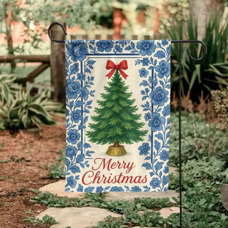 Chinoiserie Christmas Garden Flag, Blue Floral Holiday Yard Banner, Elegant Merry Christmas Outdoor Decor, Winter Porch Flag