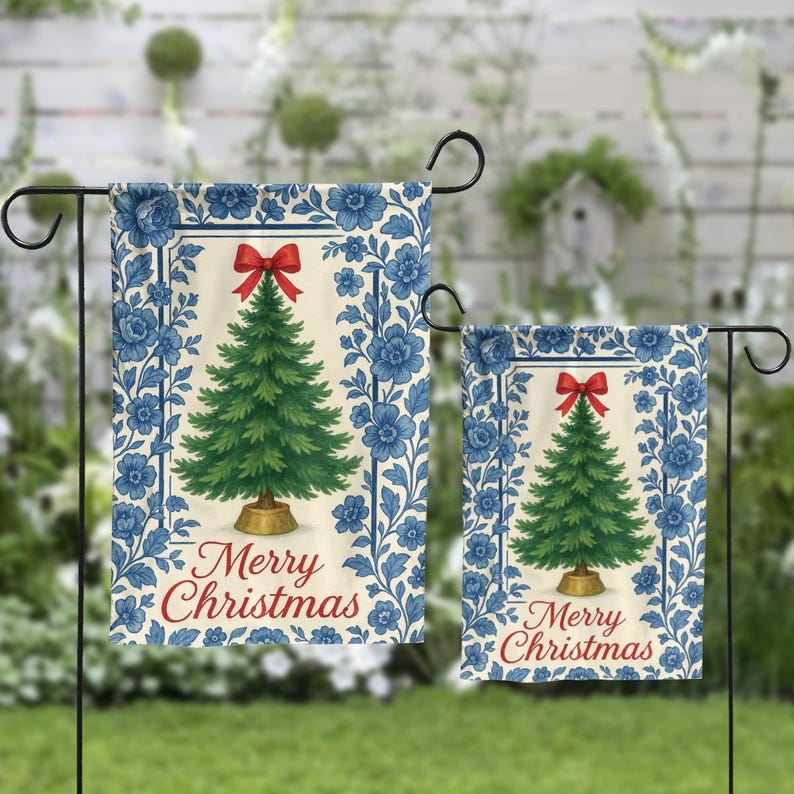 Chinoiserie Christmas Garden Flag, Blue Floral Holiday Yard Banner, Elegant Merry Christmas Outdoor Decor, Winter Porch Flag