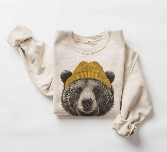 Grizzly Bear in Beanie Sweatshirt - Cozy Retro 90s Animal Pullover - Fun Wilderness Nature Camping - Unisex Graphic Crewneck Sweatshirt