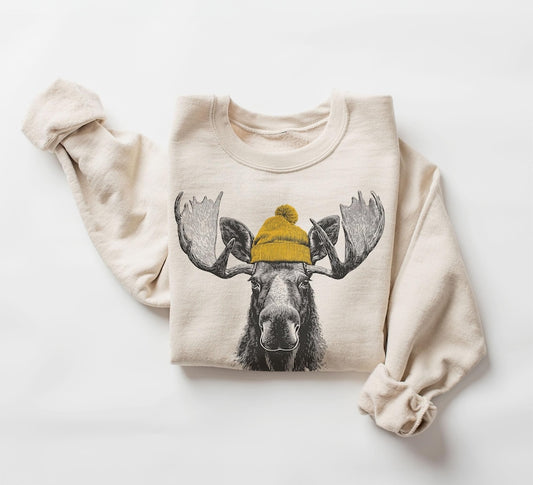 Bull Moose Wearing Beanie Sweatshirt – Mountain Wildlife Crewneck, Camping & Hiking Gift, Retro 90s Unisex Animal Outdoors Pullover