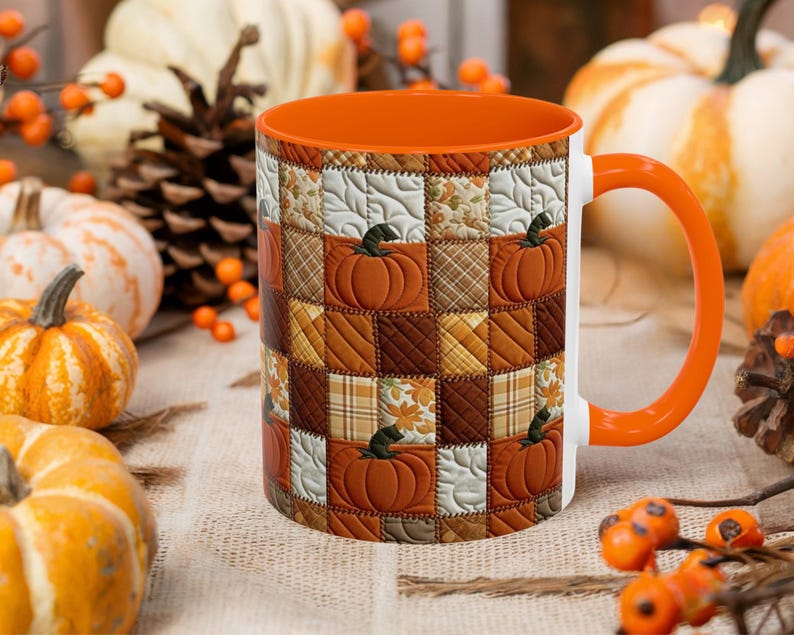 Autumn Pumpkin Mug: Rustic Faux Patchwork Thanksgiving Coffee Cup