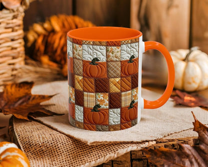 Autumn Pumpkin Mug: Rustic Faux Patchwork Thanksgiving Coffee Cup