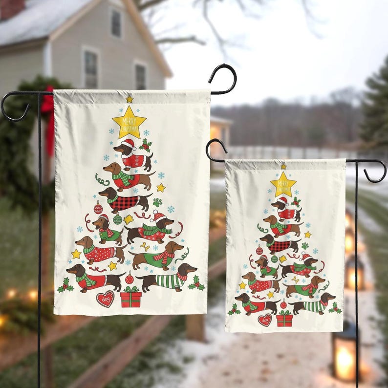Dachshund Christmas Tree Garden Flag, Wiener Dog Holiday Yard Banner, Funny Sausage Dog Outdoor Decor, Pet Lover Gift 2025, Dog Mom Gift