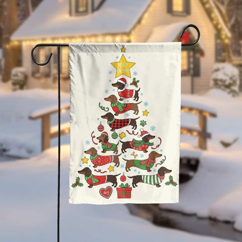 Dachshund Christmas Tree Garden Flag, Wiener Dog Holiday Yard Banner, Funny Sausage Dog Outdoor Decor, Pet Lover Gift 2025, Dog Mom Gift