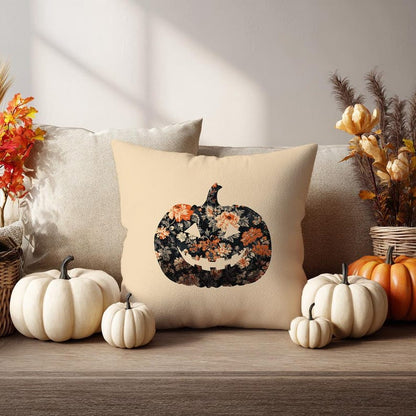 Jack-O'-Lantern Pumpkin Pillow Cover, Rustic Floral Fall Living Room, Decorative Cushion, Autumn Aesthetic Throw Case, Pillowcase Decor Gift