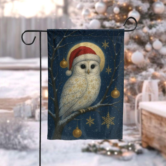 Christmas Owl Garden Flag, Holiday Outdoor Yard Decor, Winter Snow Owl Flag, Santa Hat Garden Banner, Seasonal House Decoration, Xmas Decor