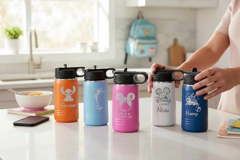 Custom Disney Water Bottle, Personalized Kids Tumbler with Name, First Family Disney Trip Laser Engraved Cup, Gift for Kids