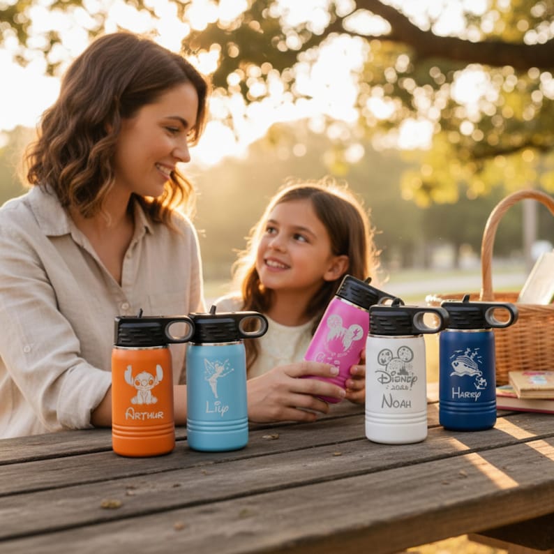 Custom Disney Water Bottle, Personalized Kids Tumbler with Name, First Family Disney Trip Laser Engraved Cup, Gift for Kids