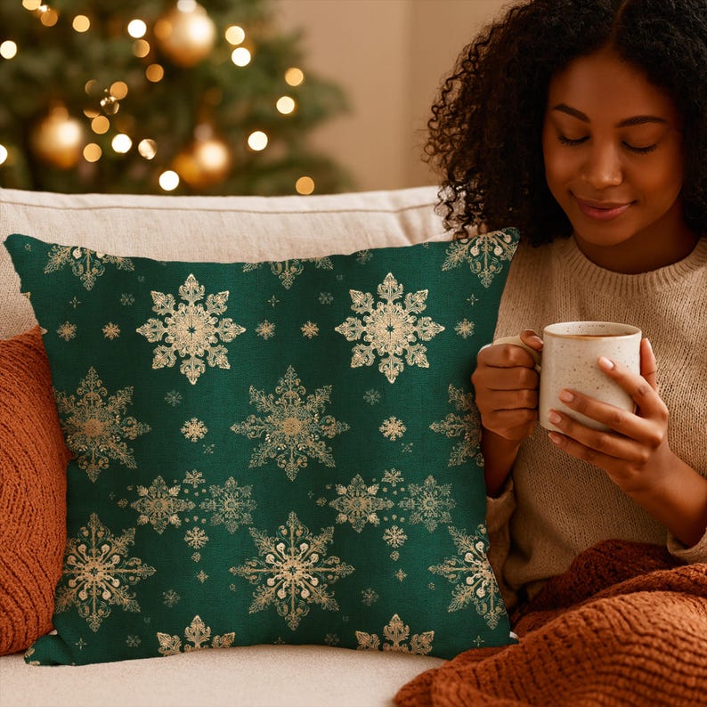 Christmas Gold Snowflakes Pillow Cover- Green Celestial Luxe Holiday Decor, Cabin Chic Throw Cushion Case, Winter Aesthetic Pillowcase Gift