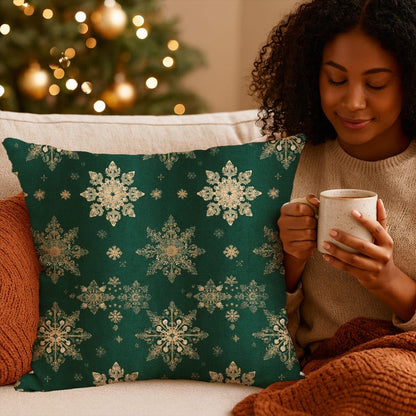Christmas Gold Snowflakes Pillow Cover- Green Celestial Luxe Holiday Decor, Cabin Chic Throw Cushion Case, Winter Aesthetic Pillowcase Gift