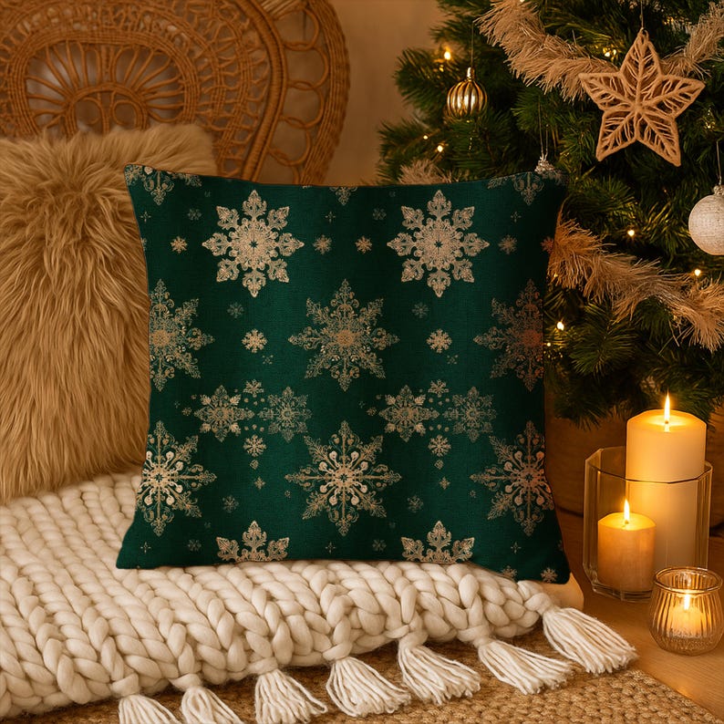 Christmas Gold Snowflakes Pillow Cover- Green Celestial Luxe Holiday Decor, Cabin Chic Throw Cushion Case, Winter Aesthetic Pillowcase Gift