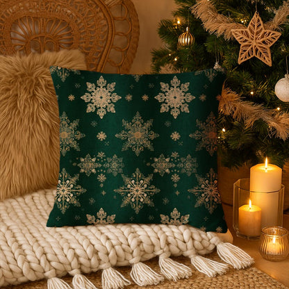 Christmas Gold Snowflakes Pillow Cover- Green Celestial Luxe Holiday Decor, Cabin Chic Throw Cushion Case, Winter Aesthetic Pillowcase Gift