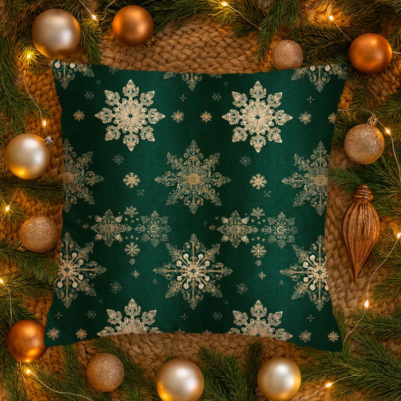 Christmas Gold Snowflakes Pillow Cover- Green Celestial Luxe Holiday Decor, Cabin Chic Throw Cushion Case, Winter Aesthetic Pillowcase Gift